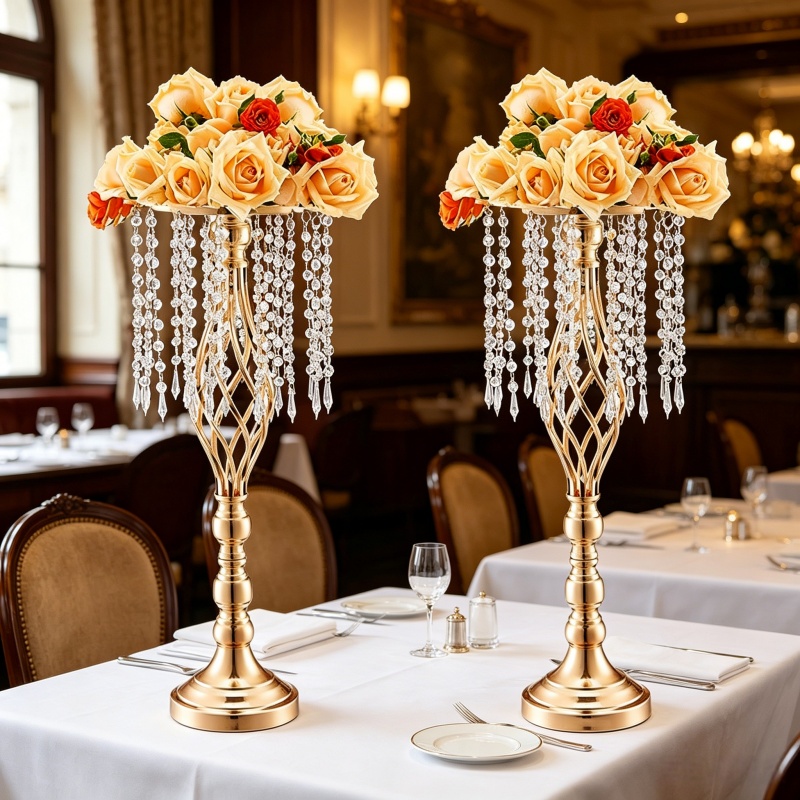 Florist Supply Vases - Elegancki, wysoki, złoty kryształowy kwietnik, luksusowy,